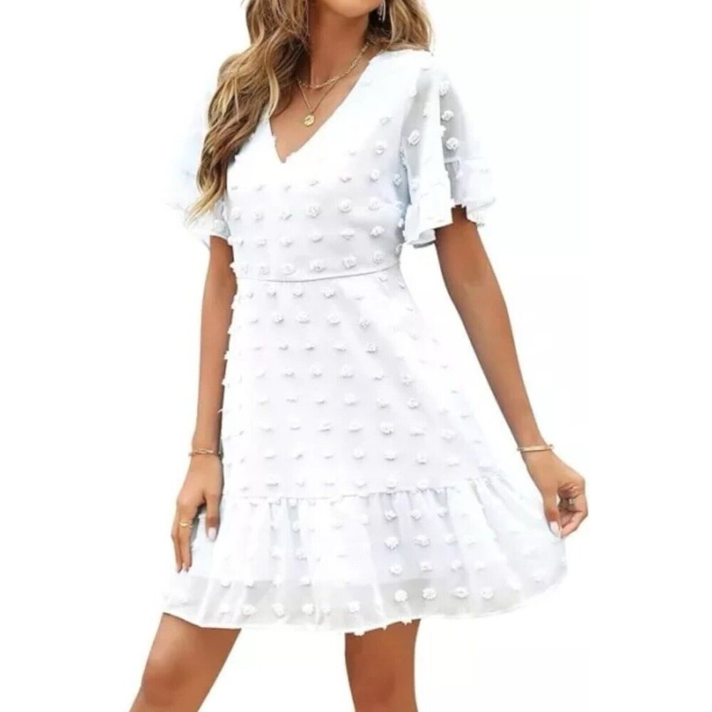 Roylamp Women’s Swiss Dot V-Neck Ruffle Short Sleeve Mini Dress, Medium